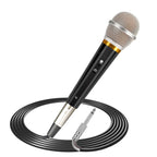 Black handheld dynamic microphone with silver mesh grille, gold accent, on/off switch, and coiled XLR-to-jack cable.