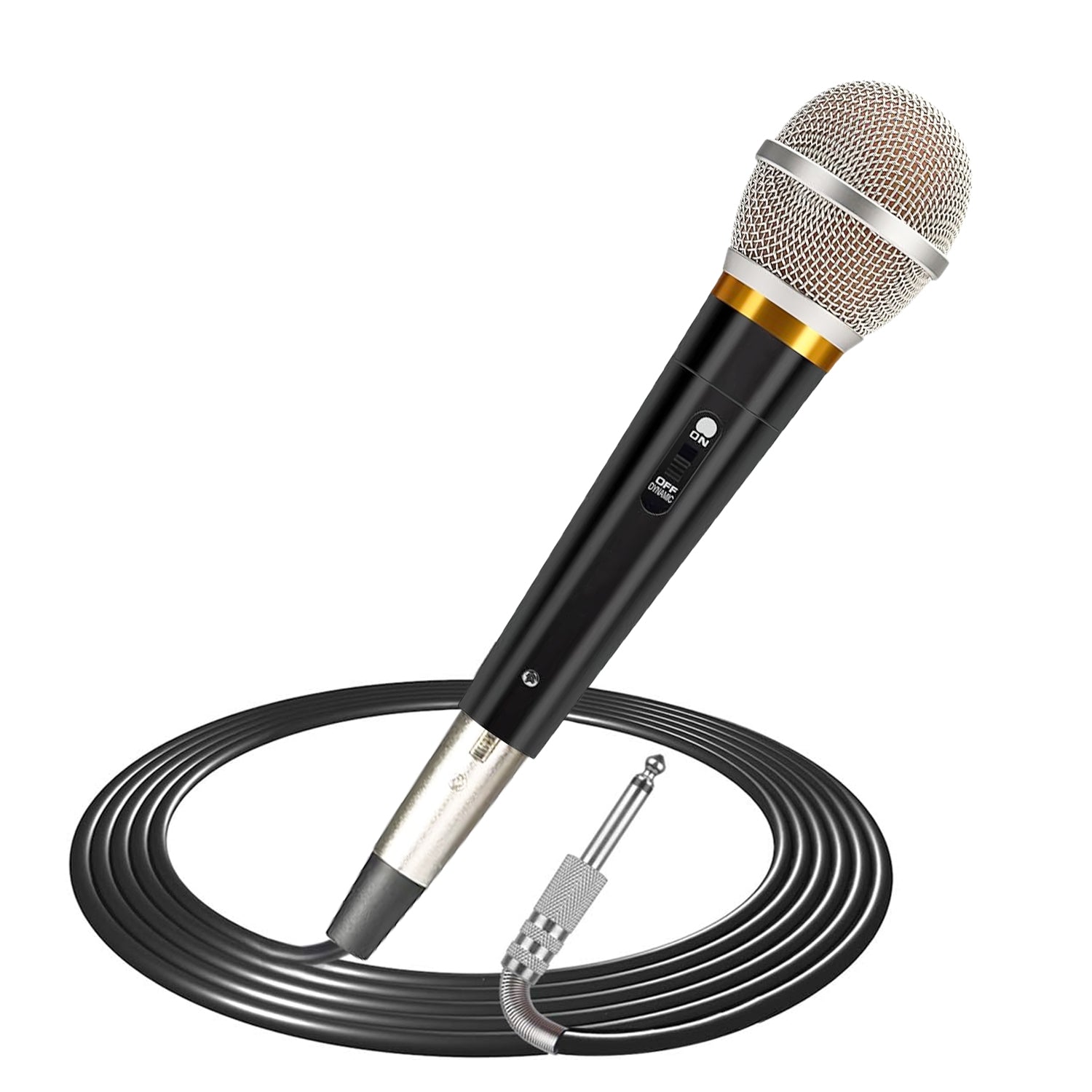 Black and silver handheld dynamic microphone with a gold ring, on/off switch, and a long coiled black audio cable.