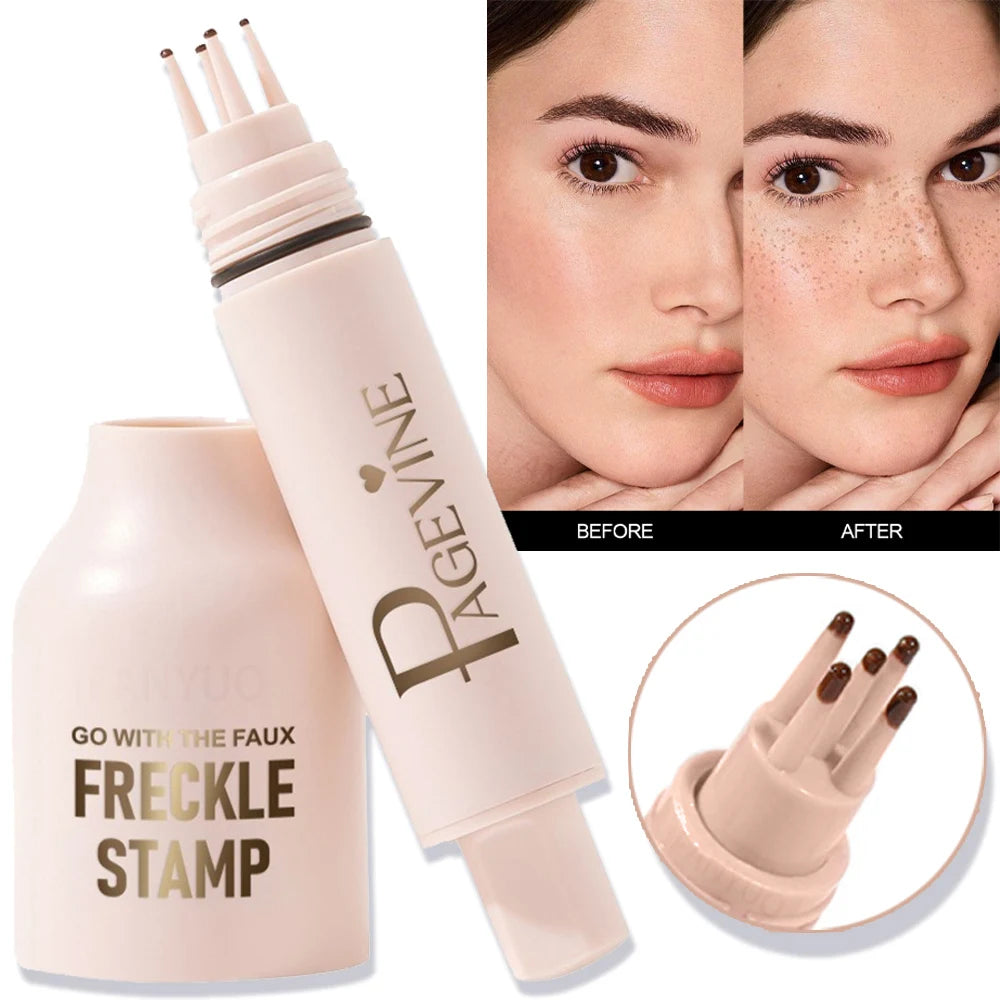 Light pink five-point freckle stamp pen with before-and-after results, showing natural, lifelike makeup application.