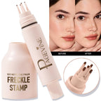 Light pink five-point freckle stamp pen with before-and-after results, showing natural, lifelike makeup application.