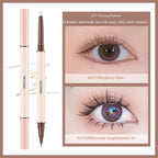 Gecomo double-headed platinum eyeshadow pen with a shimmering tip and brown liner, shown with before/after eye makeup.