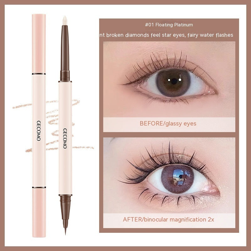 Gecomo double-headed platinum eyeshadow pen with a shimmering tip and brown liner, shown with before/after eye makeup.