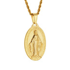 Gold-toned titanium steel oval Miraculous Medal pendant necklace with an intricate embossed figure on a rope chain.