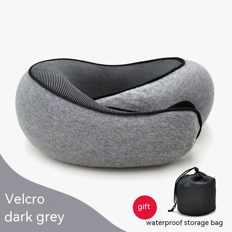 Dark grey cervical neck pillow with black mesh accents, including a drawstring waterproof storage bag gift.