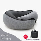 Dark grey cervical neck pillow with black mesh accents, including a drawstring waterproof storage bag gift.
