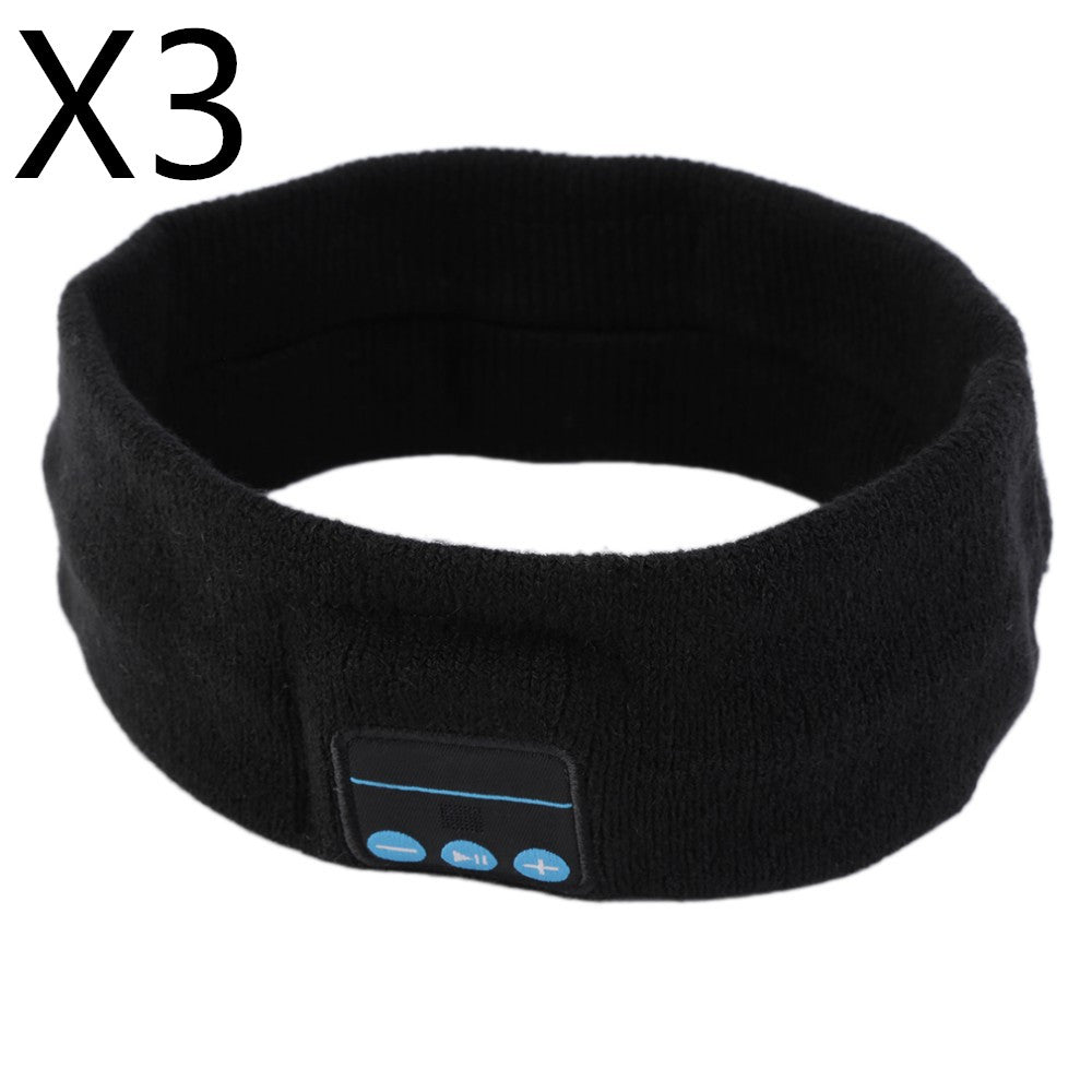 Black fabric sports headband with integrated Bluetooth control panel featuring blue play/volume buttons.