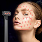 Black handheld facial wand with red LED light therapy, shown against a model with a red facial grid overlay.