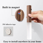 Magnetic wooden wireless LED light with motion sensor, featuring 3M adhesive mount for easy wall installation.