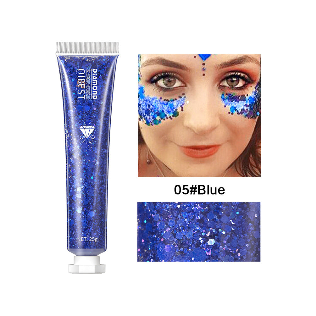 Blue glitter gel tube labeled Qibest, with model wearing blue sequins under eyes and a close-up glitter swatch.