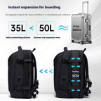 Black multifunctional compression backpack expanding from 35L to 50L, shown alongside a 20-inch silver suitcase.