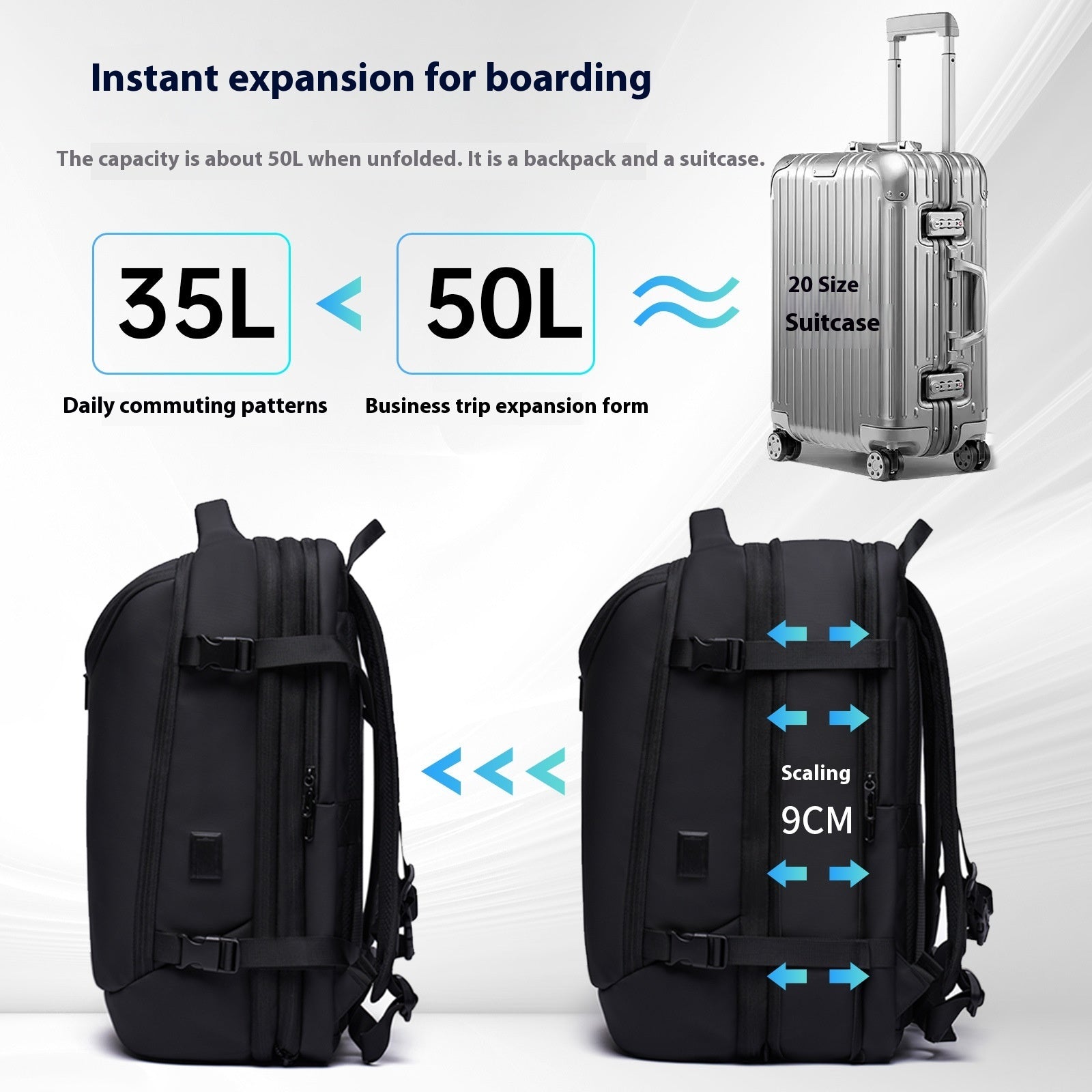 Black multifunctional compression backpack expanding from 35L to 50L, shown alongside a 20-inch silver suitcase.