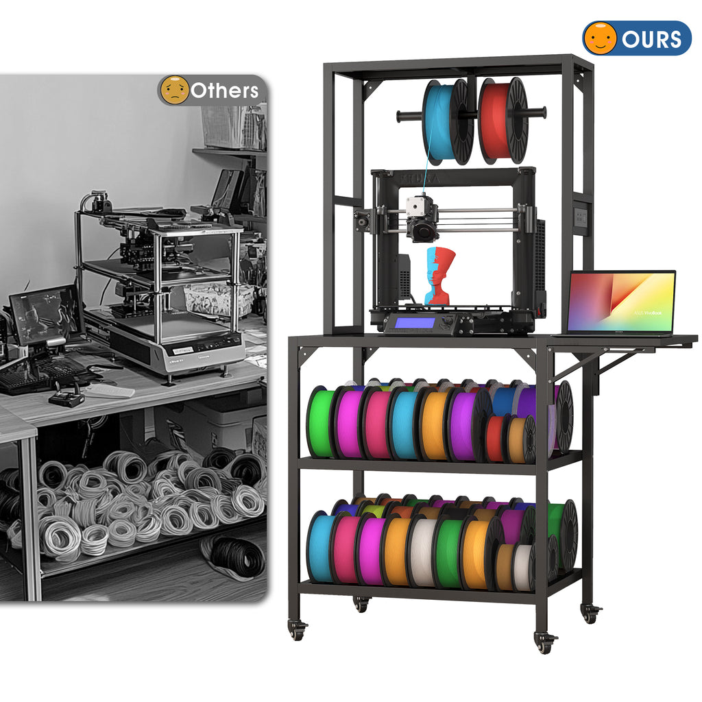 Black metal 3D printer cart on wheels featuring a top spool rack, two storage shelves for filaments, and side tray.