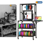 Black metal 3D printer cart on wheels featuring a top spool rack, two storage shelves for filaments, and side tray.