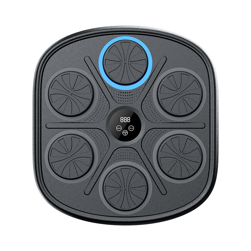 Wall-mounted black boxing target with six circular pads, a digital display center, and a blue LED ring light.