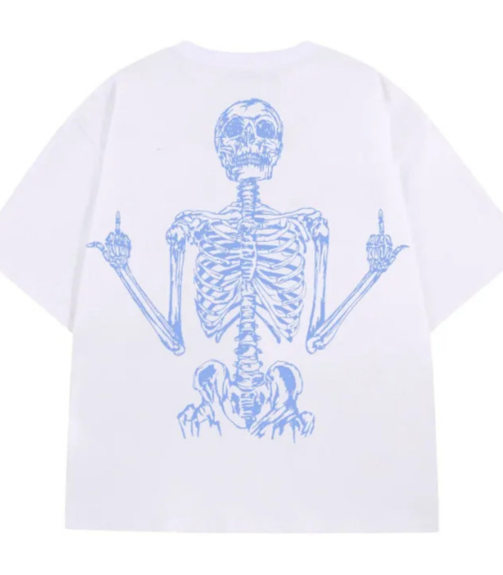 White loose-fit hip-hop t-shirt featuring a blue graphic of a skeleton giving the middle fingers on the back.