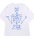 White loose-fit hip-hop t-shirt featuring a blue graphic of a skeleton giving the middle fingers on the back.