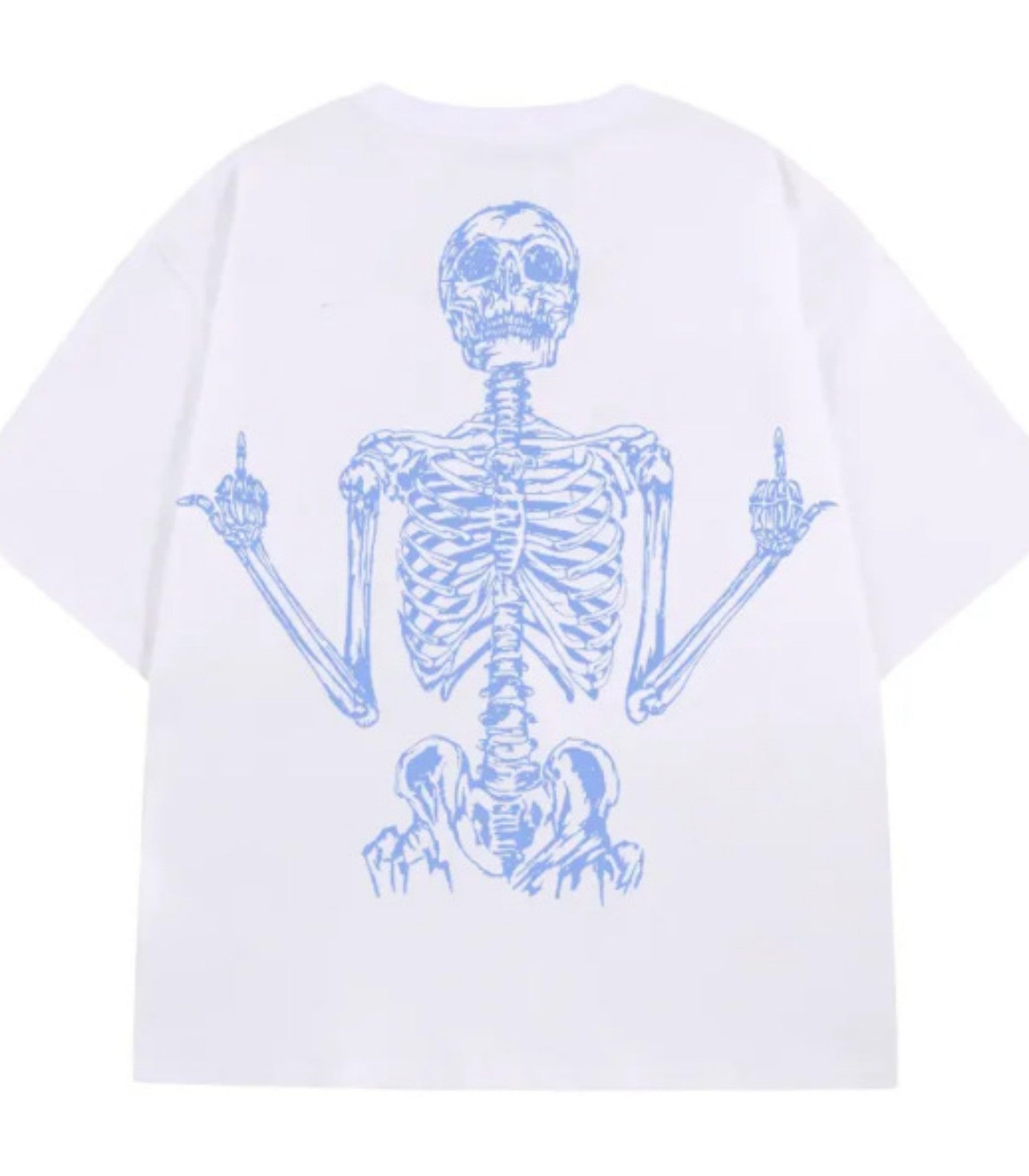 White loose-fit hip-hop t-shirt featuring a blue graphic of a skeleton giving the middle fingers on the back.