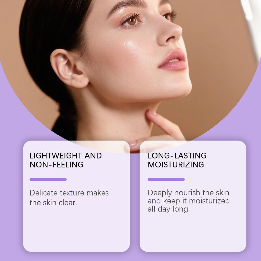 Close-up of a woman with glowing skin, showcasing hydrating, lightweight BB cream benefits on a light purple background.