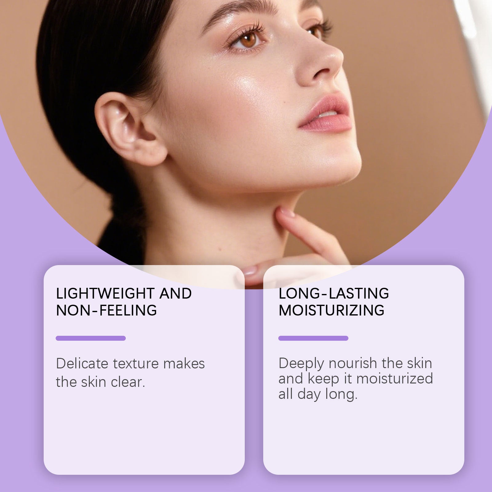 Close-up of a woman with glowing skin, showcasing hydrating, lightweight BB cream benefits on a light purple background.