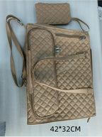 Beige quilted thermal lunch tote with crossbody strap, multiple zippered compartments, and a matching small purse.
