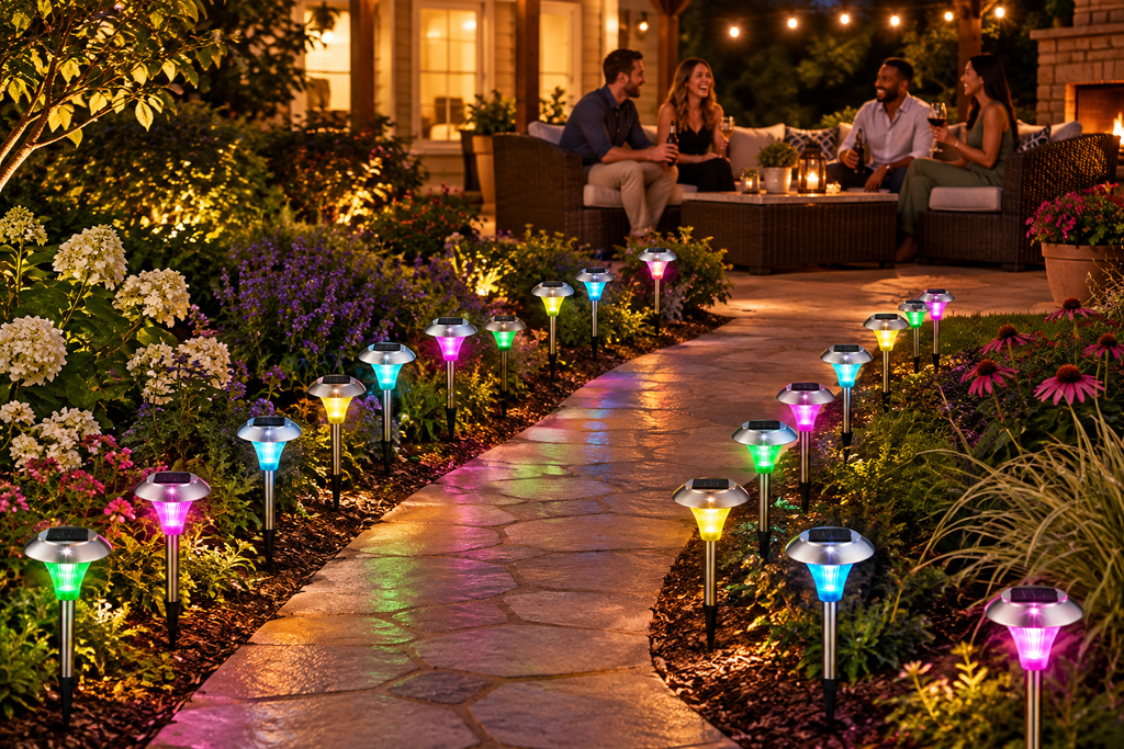 Backyard scene with solar pathway lights