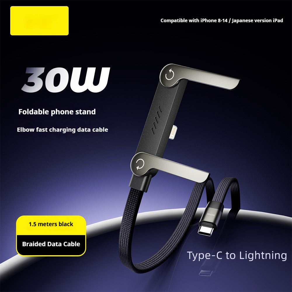 Black 30W foldable phone stand with a 1.5m braided cable featuring a Type-C to Lightning elbow design for fast charging.
