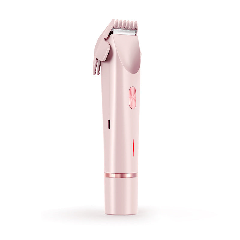 Light pink electric hair trimmer with a metallic power button, metal blade head, and sleek, minimalist design.