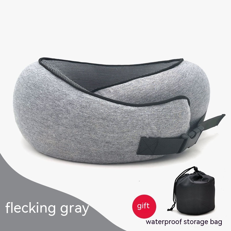 Gray flecked memory foam neck pillow with black mesh trim, adjustable buckle strap, and a black waterproof storage bag.