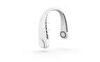 White, U-shaped portable neck fan with visible air vents and a sleek, minimalist plastic design on a white background.