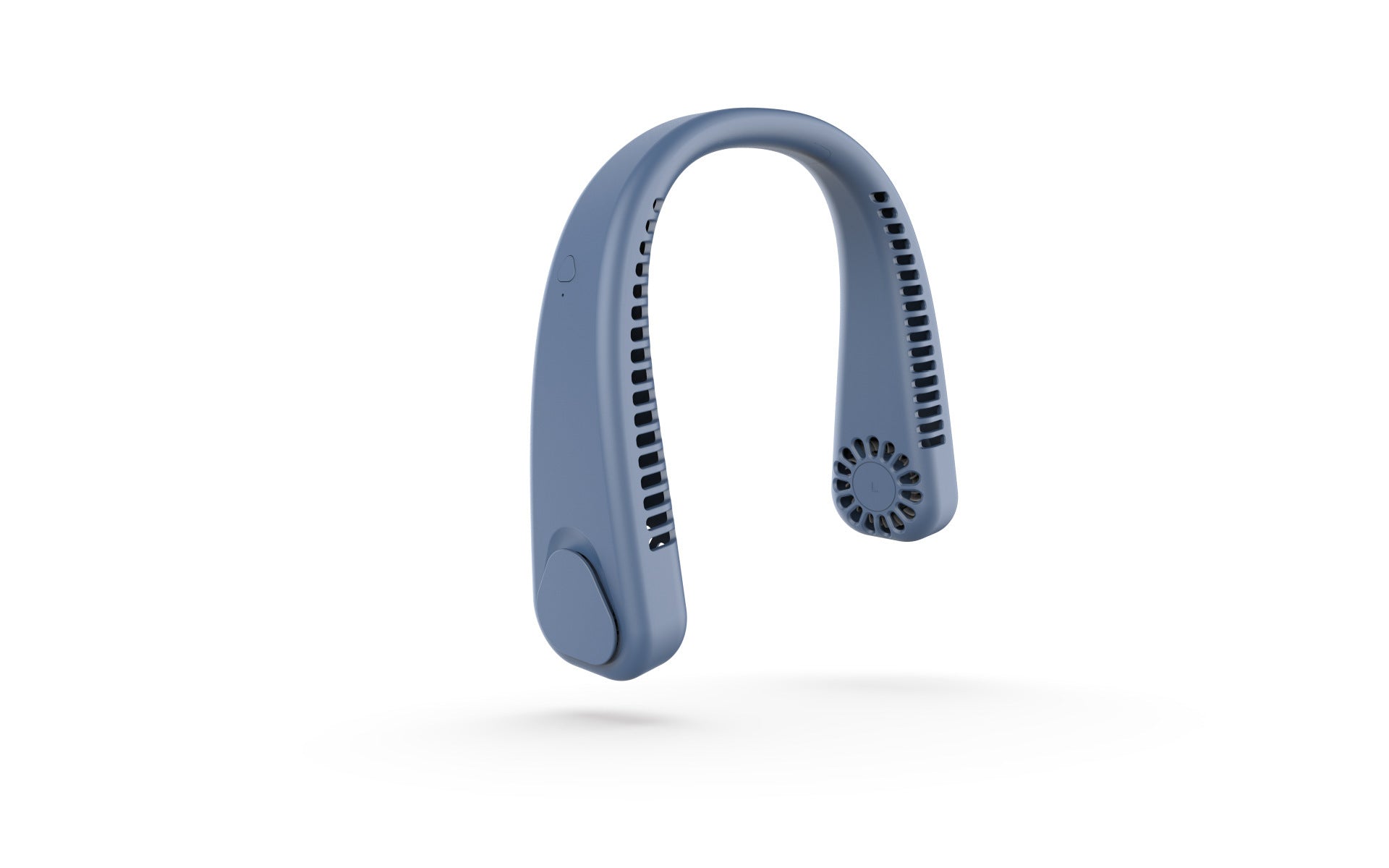 Matte blue portable neck fan with U-shaped design, visible side vents, and a sleek, modern plastic finish.