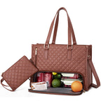 Brown quilted lunch tote with matching purse, featuring an insulated, zippered bottom compartment filled with food.