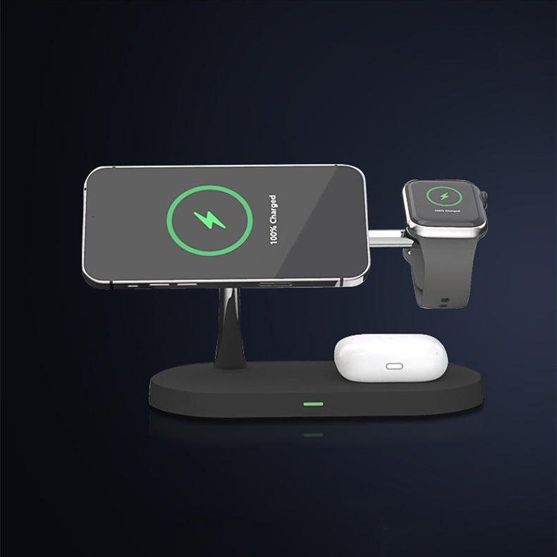 Black 5-in-1 magnetic wireless charging station for phone, watch, and earbuds on a dark background.
