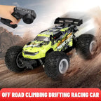 Neon yellow and black RC off-road truck with large tires, spoiler, and handheld remote on a dirt track background.
