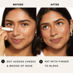 Before and after showing a woman applying Digitaldistribution375 freckle stamp pen to create natural-looking spots.