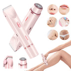 Pink 2-in-1 electric hair remover with dual heads (trimmer and rotary shaver) for face and body use.