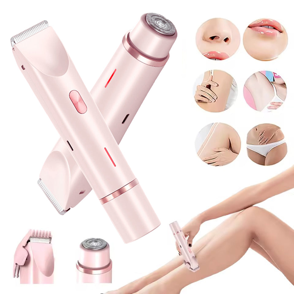 Pink 2-in-1 electric hair remover with dual heads (trimmer and rotary shaver) for face and body use.