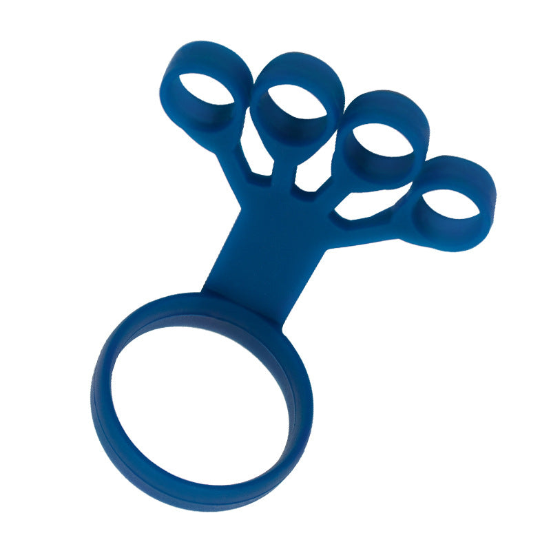Blue silicone finger stretcher and hand grip trainer for physical therapy, featuring four finger loops and one palm ring.