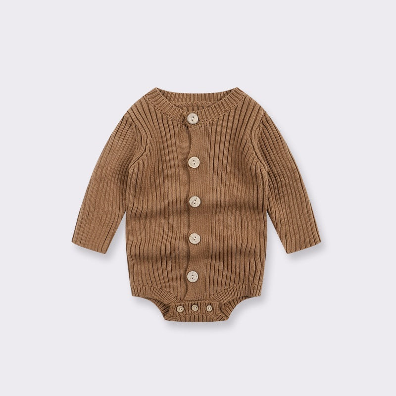 Brown long-sleeve baby bodysuit in ribbed knit fabric with button-front closure and snap-button bottom.
