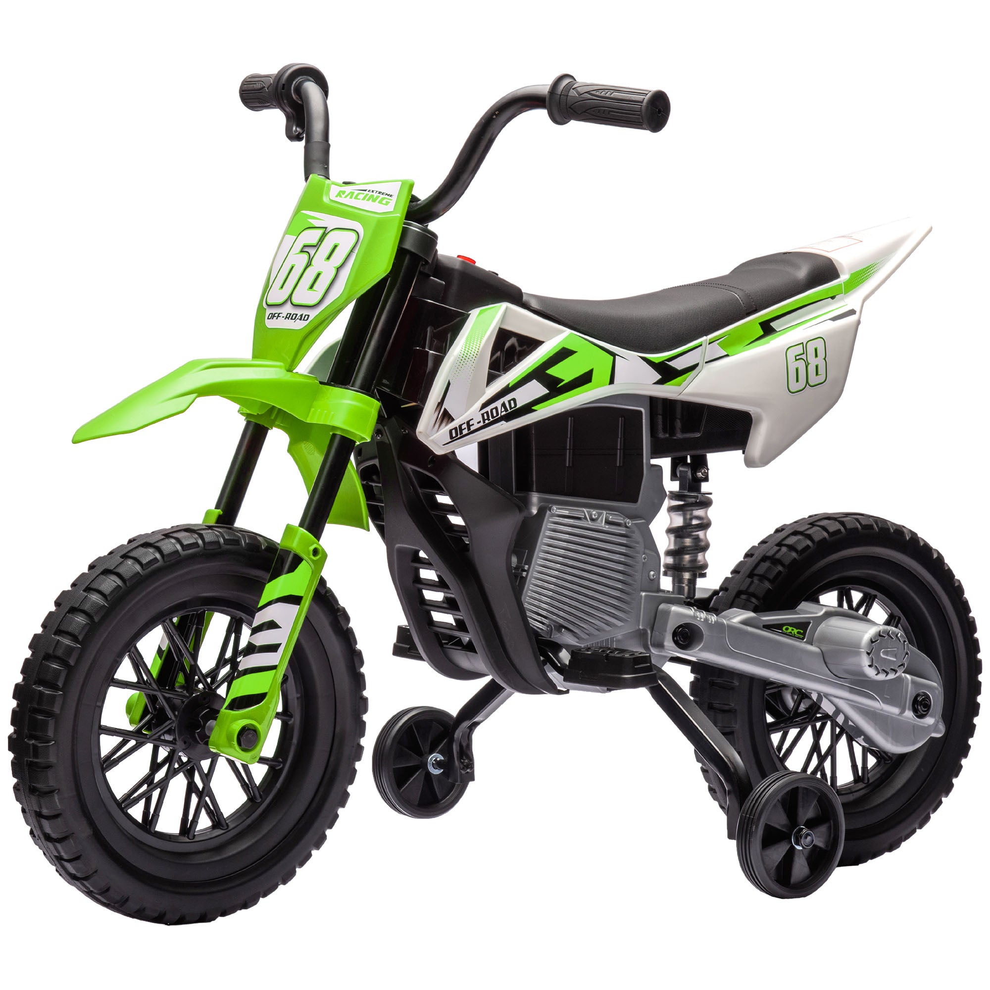 Green and white kids' 12V electric dirt bike with number 68, training wheels, rear suspension, and knobby tires.