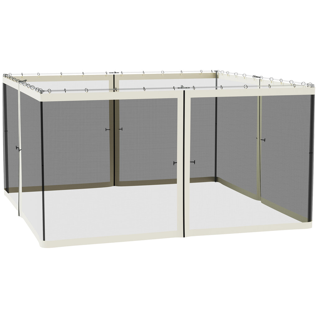 Black polyester 13x13 gazebo mosquito netting with beige trim, zippered panels, and metal hanging rings on a white bg.