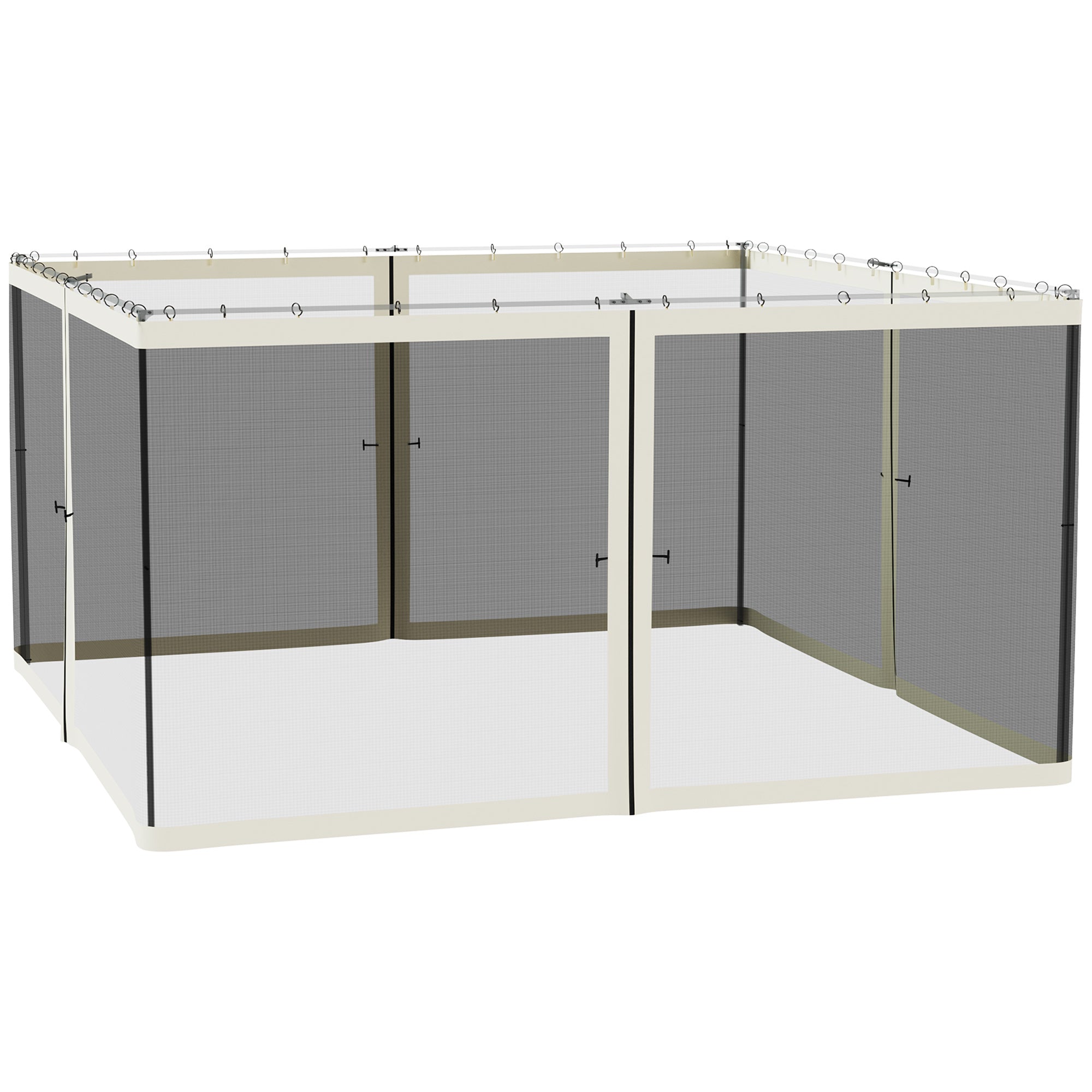 Black polyester 13x13 gazebo mosquito netting with beige trim, zippered panels, and metal hanging rings on a white bg.
