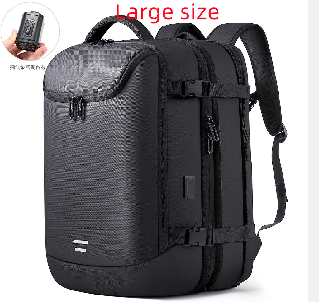 Black multifunctional vacuum compression travel backpack with side buckles, durable fabric, and external air pump tool.