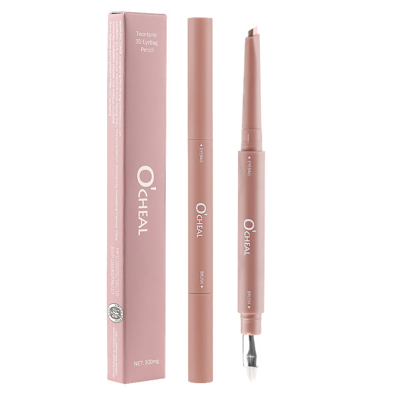 O'CHEAL two-tone 3D dual-ended eyeshadow pencil and brush in a matte pink casing, with matching rectangular box.