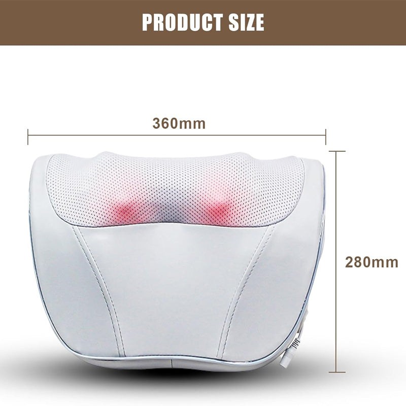 White, leather-like back massager pillow with mesh center, glowing red heat nodes, and dimension labels.