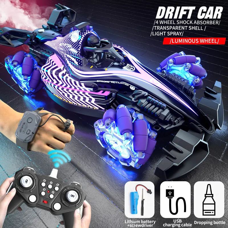 Purple and black F1-style RC drift car with glowing wheels, rear exhaust spray, wrist controller, and remote.
