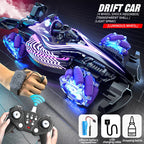 Purple and black F1-style RC drift car with glowing wheels, rear exhaust spray, wrist controller, and remote.