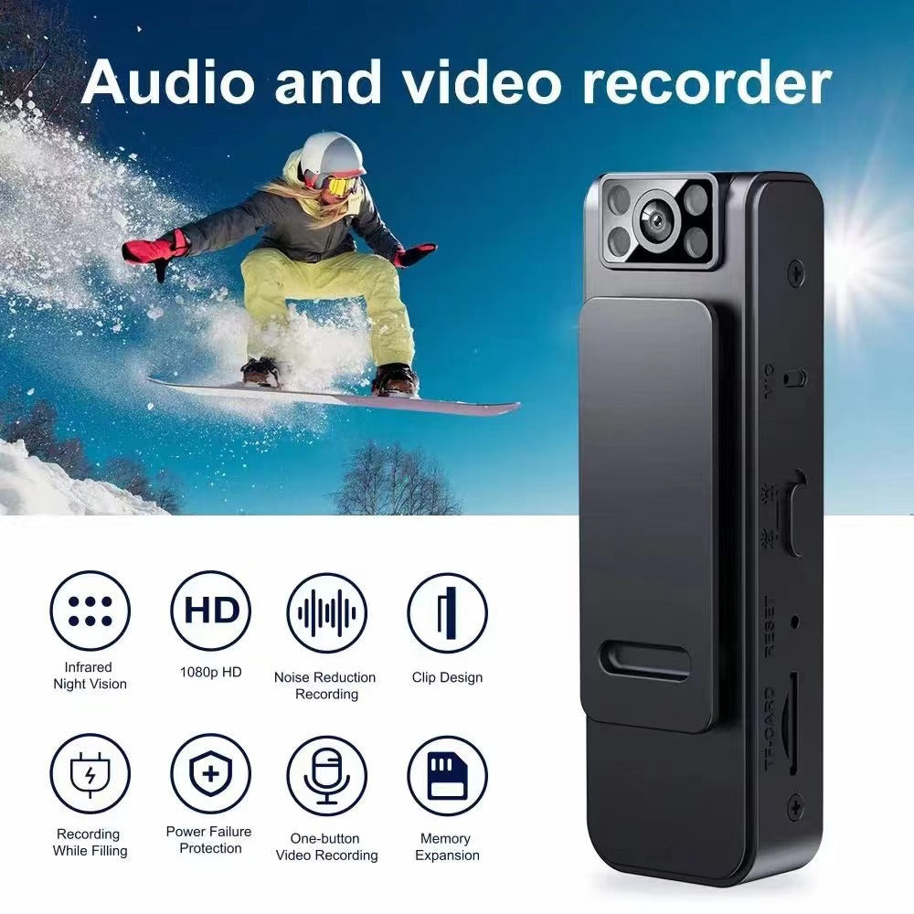 Black, portable L8 magnetic backclip camera with 1080p HD, infrared night vision, and clip design on a snowy background.