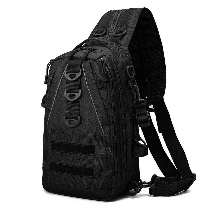 Black, multi-layer tactical fishing sling backpack with heavy-duty fabric, molle webbing, and adjustable shoulder strap.