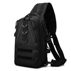 Black, multi-layer tactical fishing sling backpack with heavy-duty fabric, molle webbing, and adjustable shoulder strap.