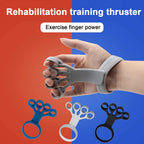 Hand wearing a gray silicone finger stretcher with blue, white, and black versions displayed below.